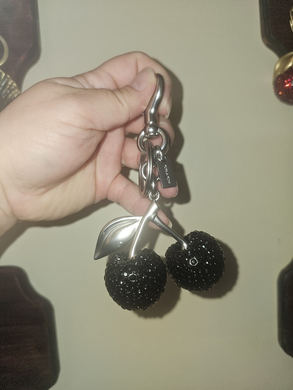 COACH Black Crystal Cherry Key Charm with Silver Hardware